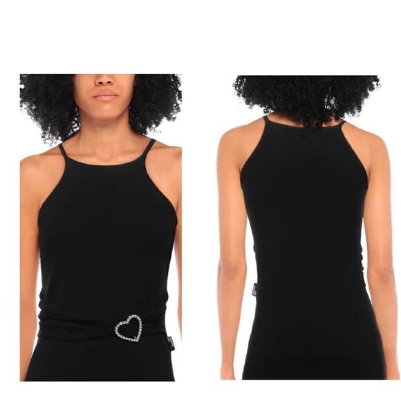 Love Moschino Halter Sleeveless Bodycon Knit Mini Dress with Crystal Heart Belt - Picture 3 of 9